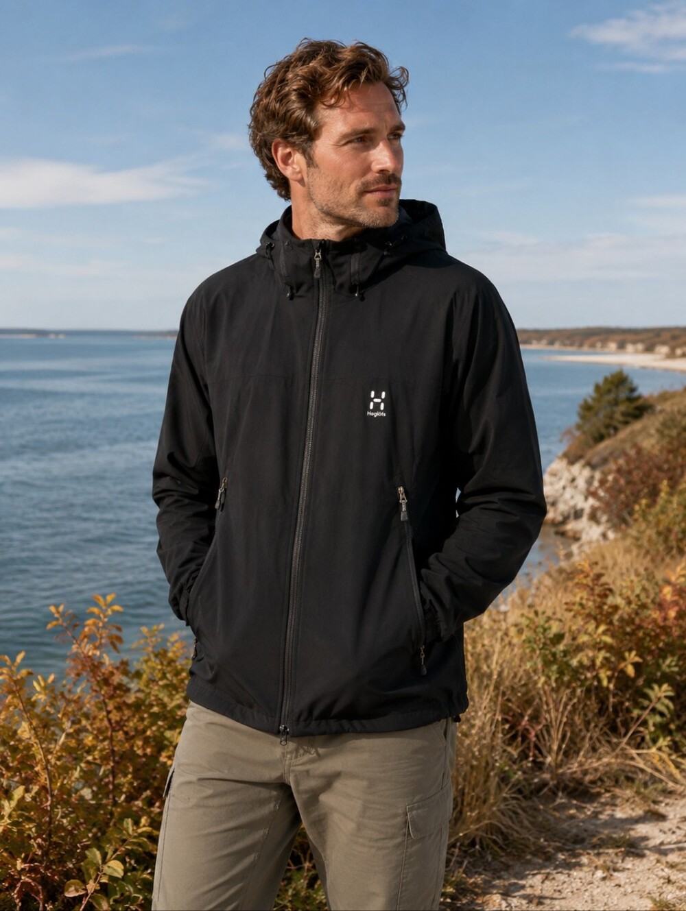 Haglofs black hooded soft shell jacket